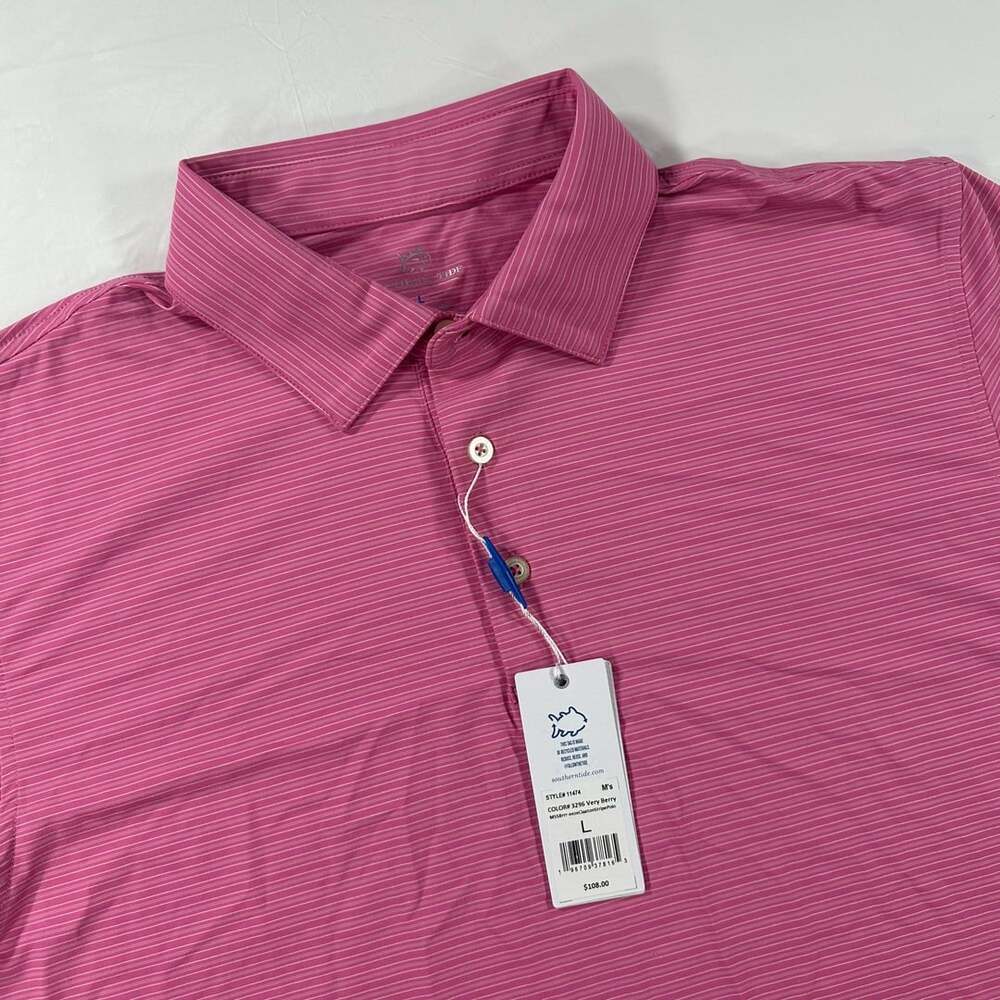 Southern Tide Brrr Eeze Claxton Stripe Polo Very Berry Pink Large Performance